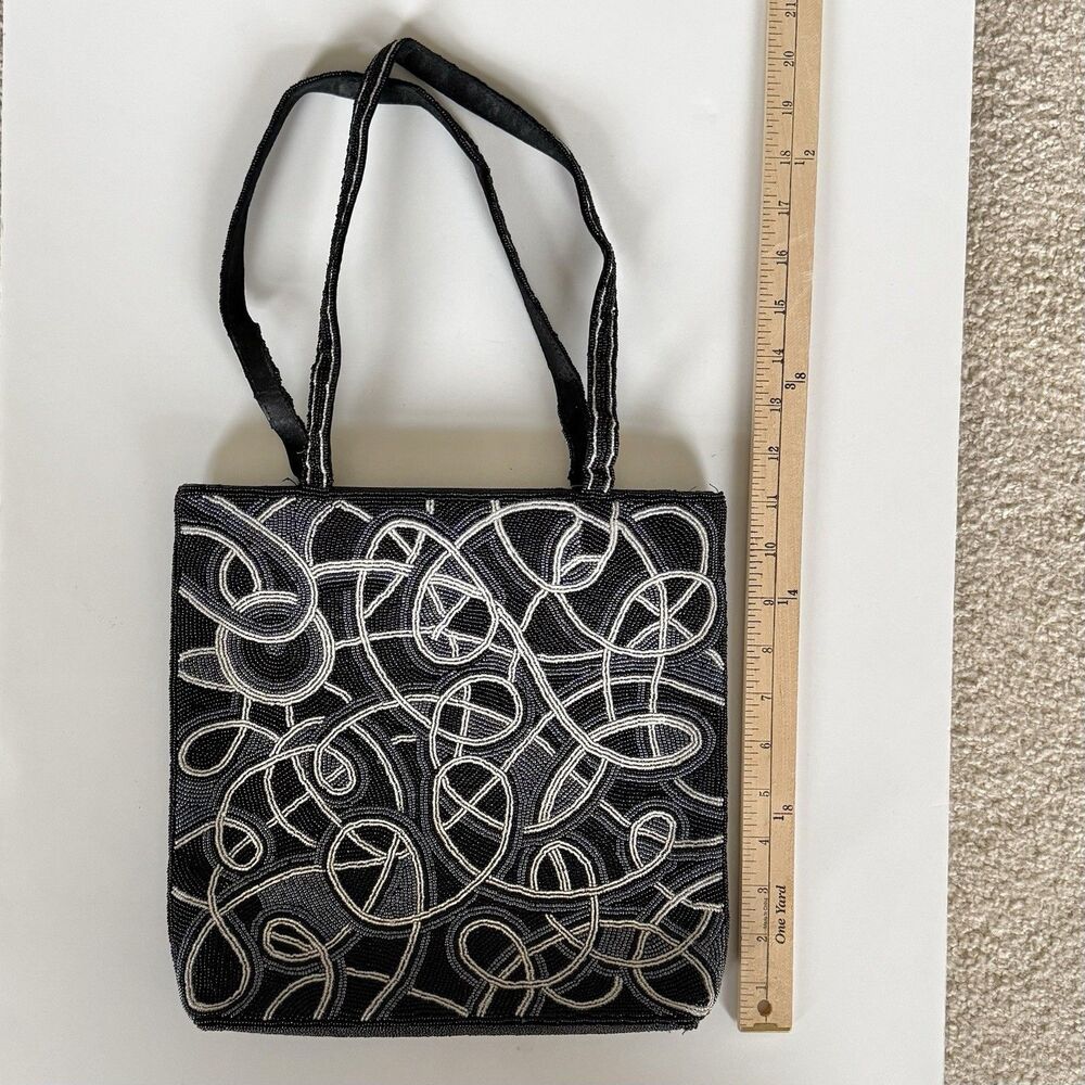 VNTG Gevarno Black Silver Purse Handbag Tote with Handle - New with tag - Beaded - Picture 9 of 11